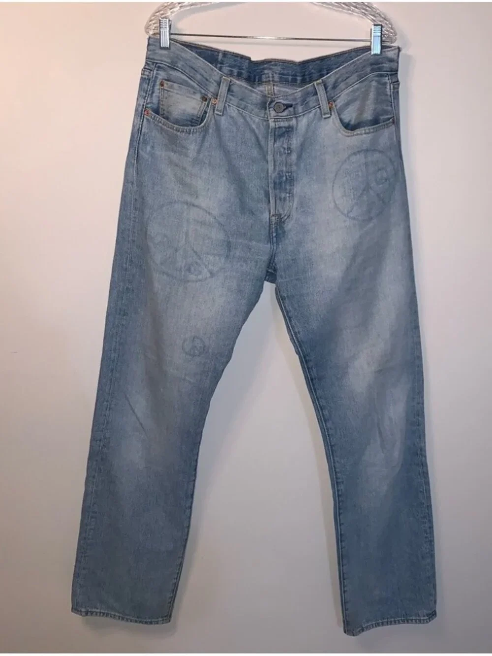 Levis 501 150th Jeans Mens 36x34 Blue Peace Sign Print Denim Button Fly Rare